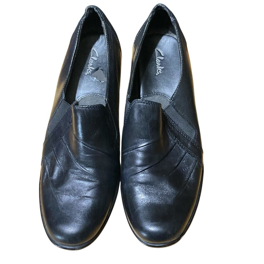 Clarks Womens Rosalyn Adele Black Leather 9M Slip On Comfort Block Heel Shoes